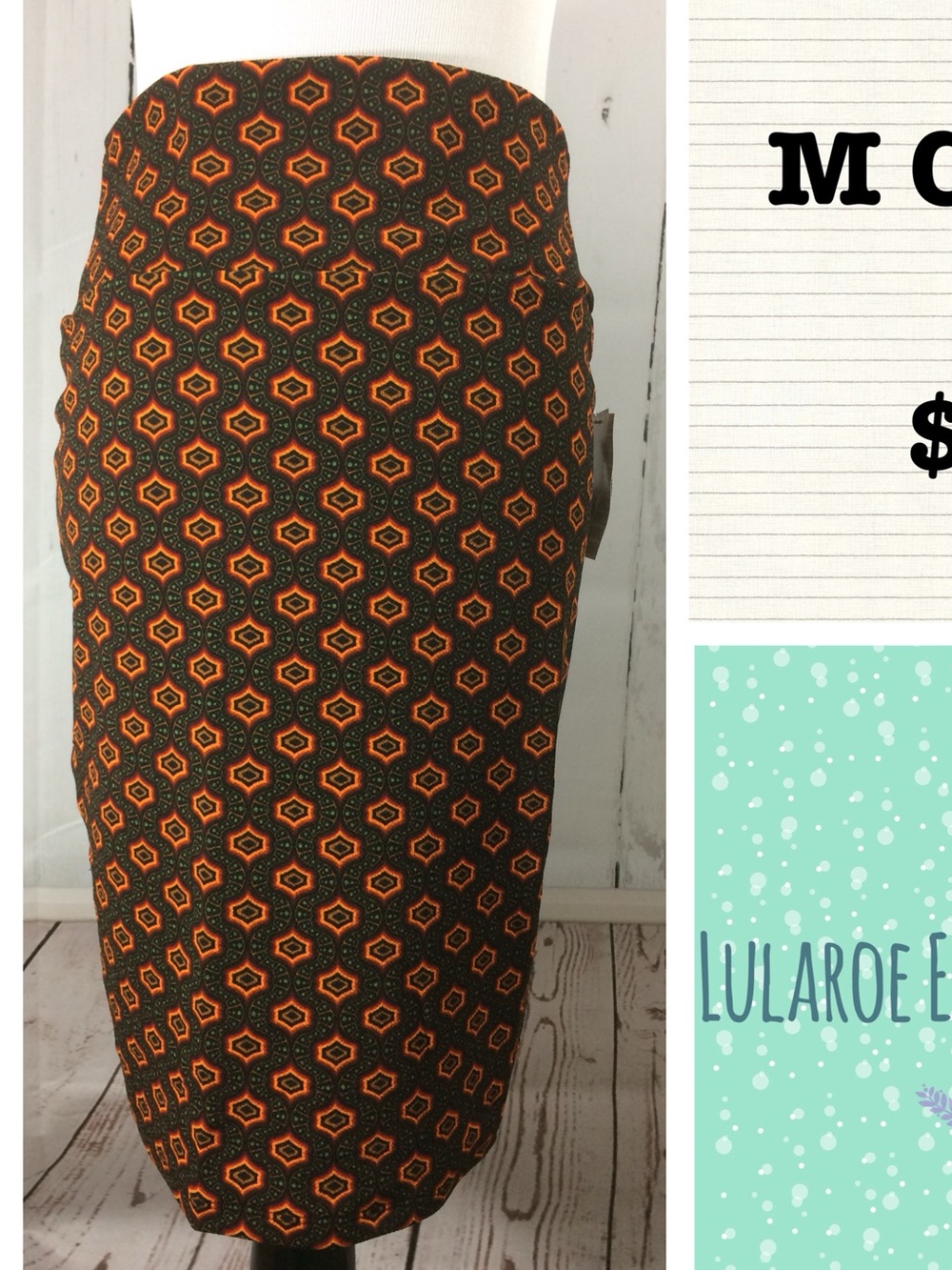 LuLaRoe Pencil Skirt in Black with Orange Geometric Pattern